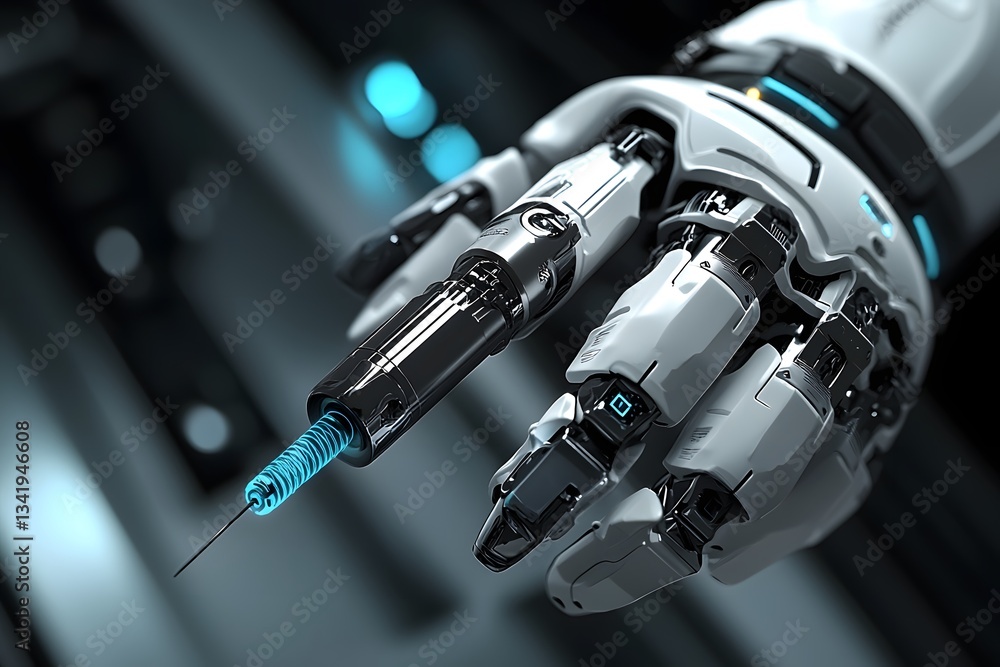 Poster robotic hand injecting: a futuristic robotic hand, gleaming with metallic precision, delicately hold