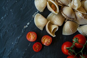 Shell pasta with sliced cherry tomatoes arranged on a dark textured surface food art