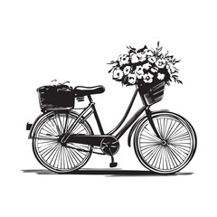 Old vintage bicycle with basket with flowers black on white background isolate, retro bike line drawing