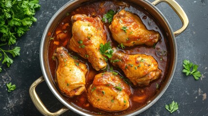 Top view of cooked chicken in a pot no background