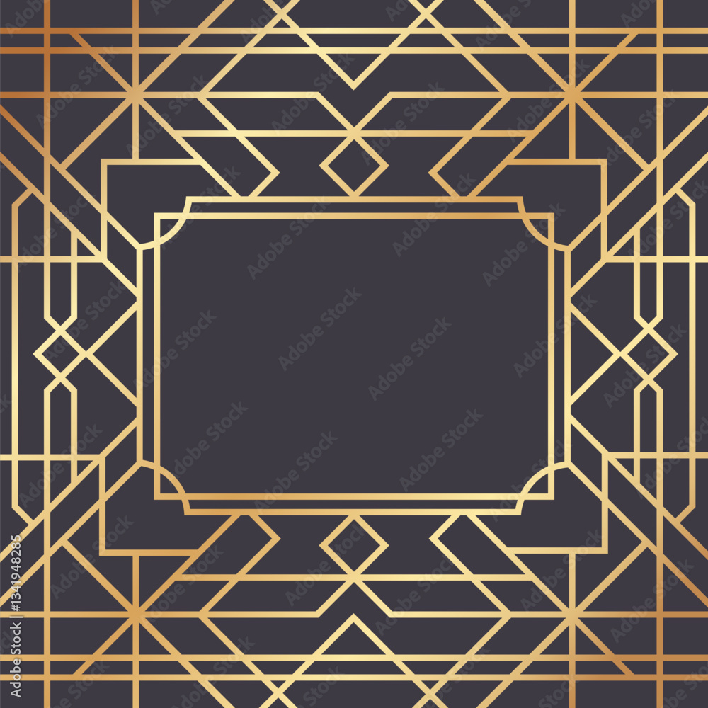 Poster golden frame with rounded corners framing a dark gray rectangle over a geometric background with gol