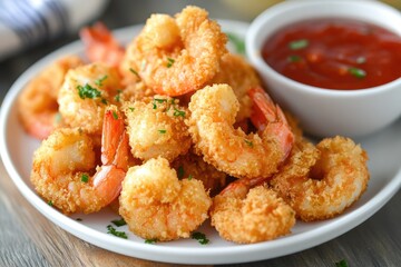 Crispy golden fried shrimp arranged on a white serving plate