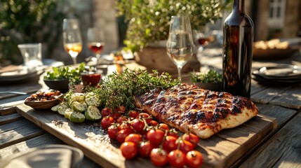 Obraz premium Rustic Outdoor Pizza Feast with Wine and Herbs