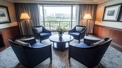 Luxurious hotel suite seating area with city view