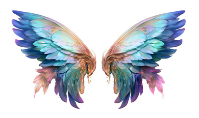 Obraz premium Fantasy colofrul fairy wings isolated on transparent background. Beautiful gentle angel wings for picture design