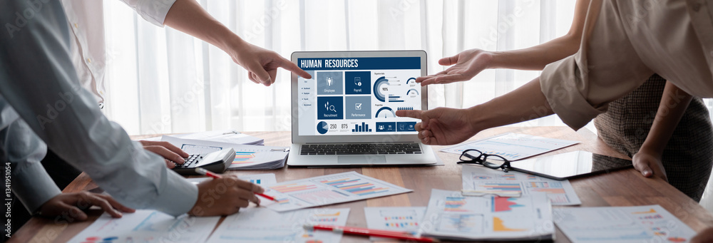 Poster human resources management software on computer screen helping human resources employee to manage re