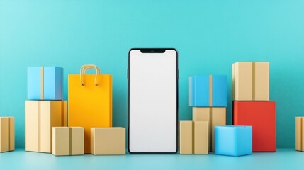 Obraz premium Online Shopping: Mobile Phone with Packages and Shopping Bag