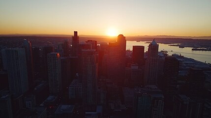 Fototapeta premium Seattle Skyline Sunset: Aerial View of Cityscape at Golden Hour