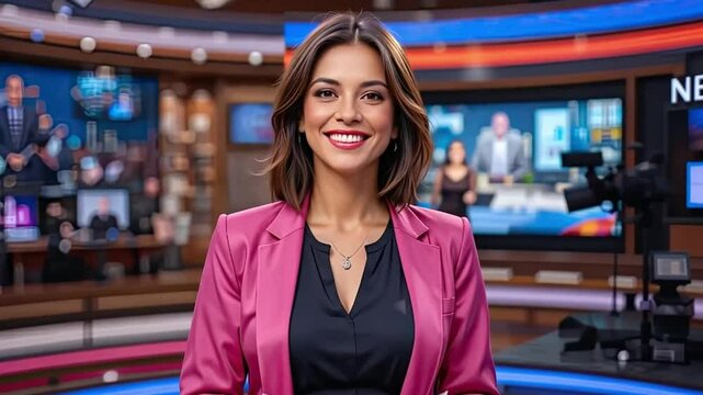 Female television news presenter Smiling and  standing confidently in a television studio.
