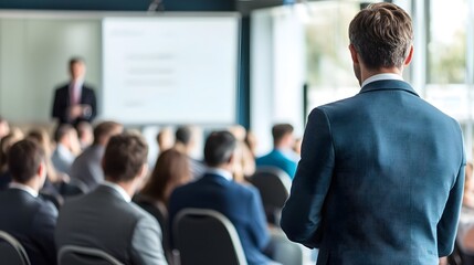 Conference Speech: A speaker addressing a rapt audience at a professional conference, illuminated by the natural light streaming through the windows. 