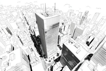 Fototapeta premium Skyscraper drawing from above in busy cityscape, showing the city?s urban planning