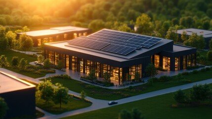 Naklejka premium Modern ecofriendly building with solar panels surrounded by lush greenery and warm sunset glow