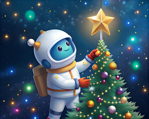 Adorable Astronaut Decorating Christmas Tree in Space