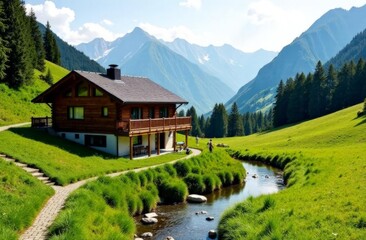 Landscape of mountain lodge in the green meadows and  hills with a sparkling stream