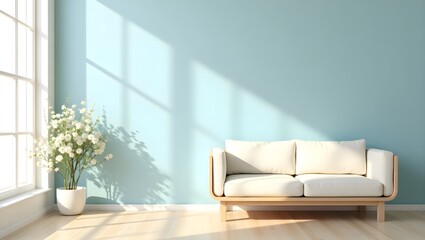 Minimalist living room design with light blue wall and white sofa for home interior inspiration ideas