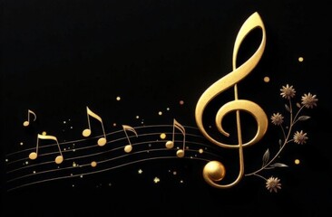 Gold treble clef, gold musical notes, flowers on black background 