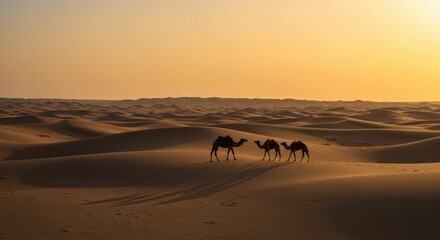 Camels Walking Across Dunes at Sunset in a Desert Landscape