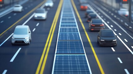 Futuristic sustainable highway with embedded solar panels and traffic flow