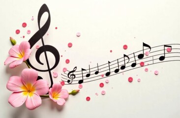 Musical notes, treble clef, flowers with place for text, postcard