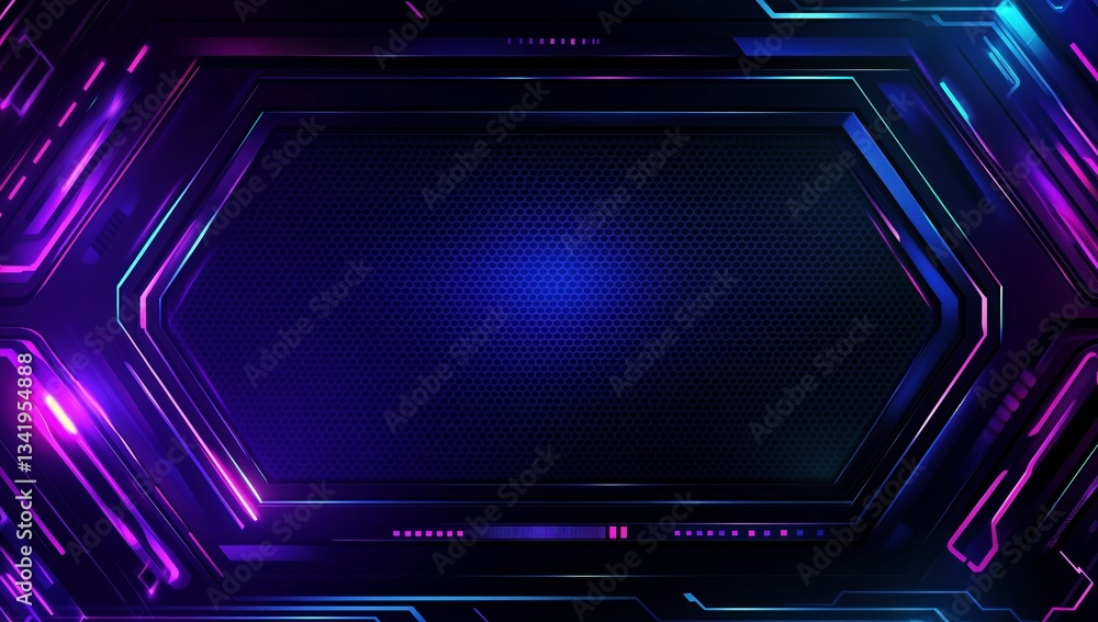 Poster cyber hexagon: a futuristic digital illustration of a glowing neon hexagon with intricate circuit-li