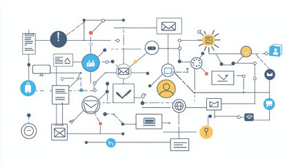 Business Communication Flowchart Illustrating Management Pathways and Departmental Icons