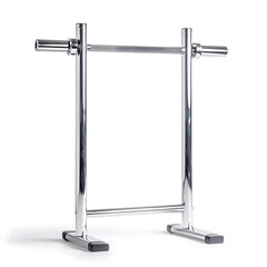 metal weightlifting barbell stand for gym and fitness equipment storage, steel pull-up bar, silver color stand, isolated on white background