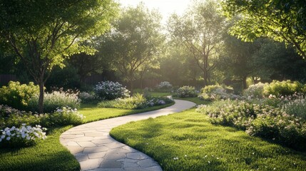 Obraz premium Winding Path Through Lush Green Garden in Sunlight
