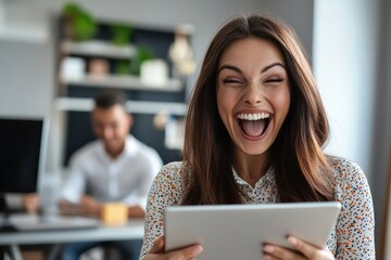 Cheerful business woman engages with employee using tablet in modern office setting