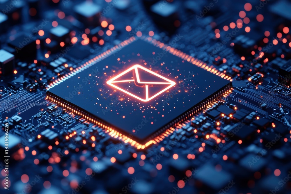Poster computer chip illuminated with email icon signifying digital communication in technology
