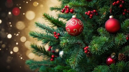 Naklejka premium Christmas tree decorated with ornaments