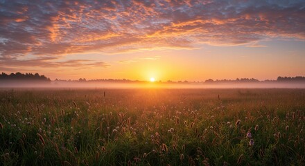 Serene Sunrise Over Misty Field with Colorful Sky and Wildflowers