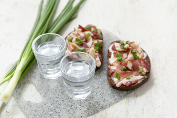 Shots with cold vodka and tasty sandwiches on light background