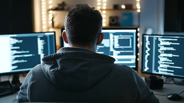 Cybersecurity Expert Analyzing Threats in a Dark Room