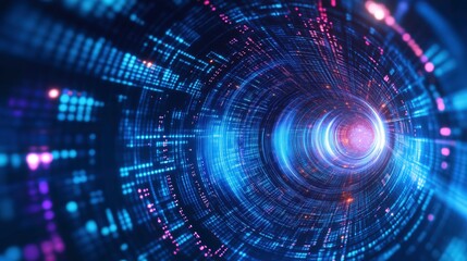 Obraz premium Digital Tunnel: An immersive view down a neon-lit digital tunnel with data streams, code, and abstract light trails suggesting the flow of information and technology. 