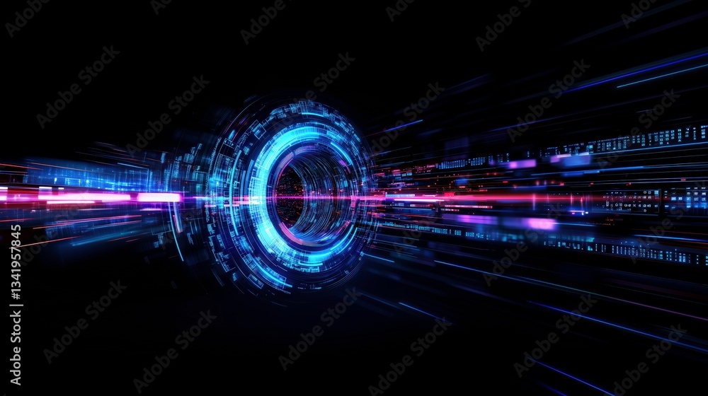 Poster digital tunnel: a futuristic digital tunnel with glowing blue and pink lights, symbolizing data stre