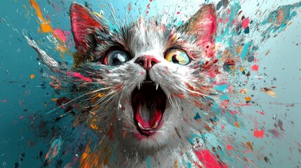 Colorful Abstract Cat Painting with Splash Texture