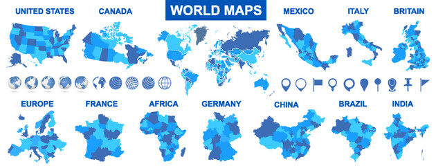 World map with countries, world maps and globes with pins big set vector collection © dlyastokiv