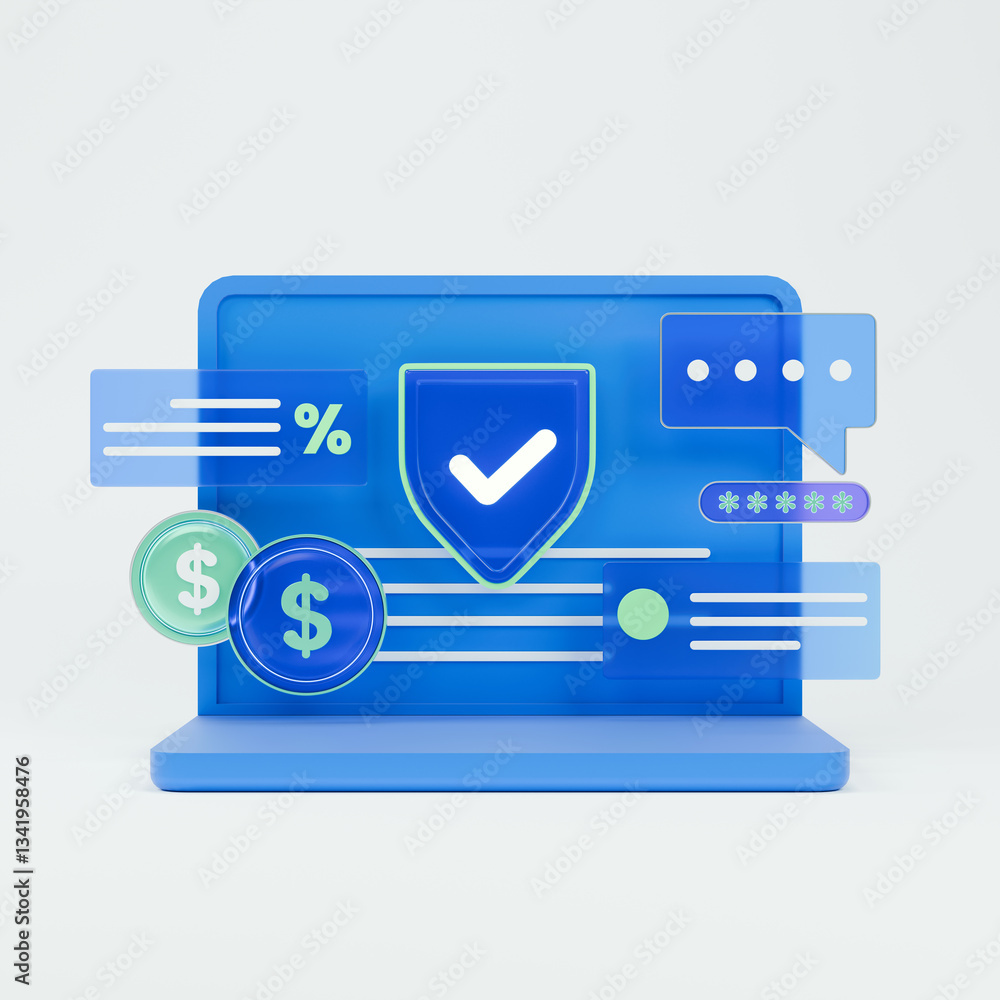 Poster a 3d illustration of financial cybersecurity is displayed on a computer laptop.