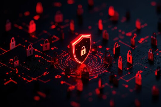 Security shield locks in network. Cyber protection secures data privacy usage