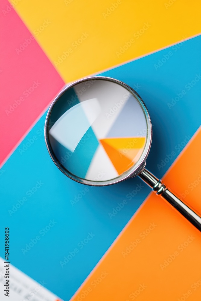 Poster Vibrant Data Visualization Precision Magnifying Glass Reveals Market Segmentation Insights on Bold Geometric Color-Block Background - Innovative Analytics Storytelling