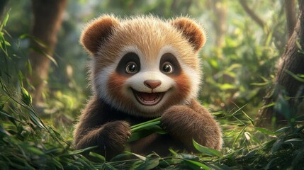 Obraz premium Adorable Red Panda Cub in Lush Green Forest