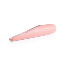 Slice of tasty thin sausage on white background
