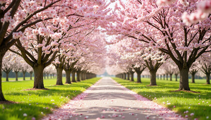 Fototapeta premium Blossoming cherry trees lining a serene pathway, nature’s renewal
