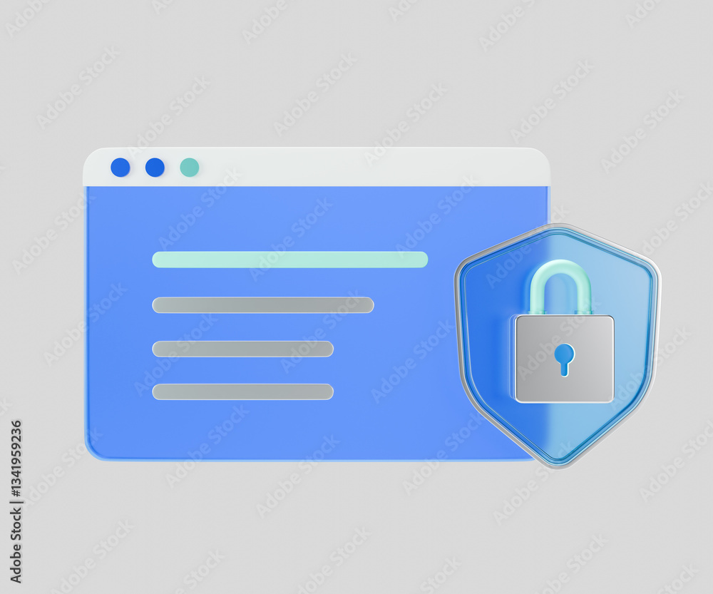 Poster a 3d icon of blue glassmorphism-style data analysis with a padlock representing cybersecurity.