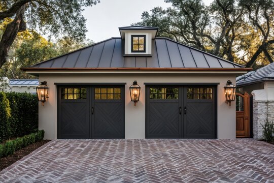 Modern garage design featuring stylish lanterns and a unique roof structure in a serene garden setting during late afternoon light