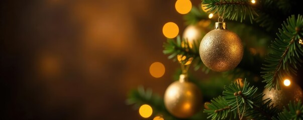 Obraz premium Sparkling gold bokeh lights softly illuminate a classic Christmas tree backdrop , celebration, glitter