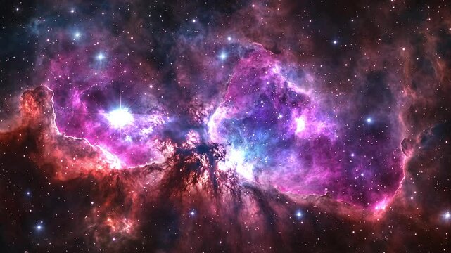 美しい宇宙空間に広がる星雲がゆっくりとうごめき、光が明滅する幻想的な映像。神秘的で壮大な宇宙の雰囲気を演出する。generative ai