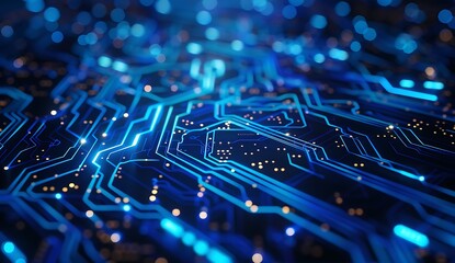Abstract background with blue glowing circuit board patterns and bokeh lights. Abstract digital technology concept. High-quality photo, high resolution, ultra-realistic photography.
