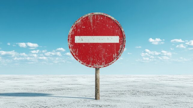 No Entry Sign in Desolate Landscape: A Digital Art Piece Depicting a Weathered Red No Entry Sign on a Bleached White Landscape Under a Bright Blue Sky, Evoking Feelings of Isolation and Restriction.