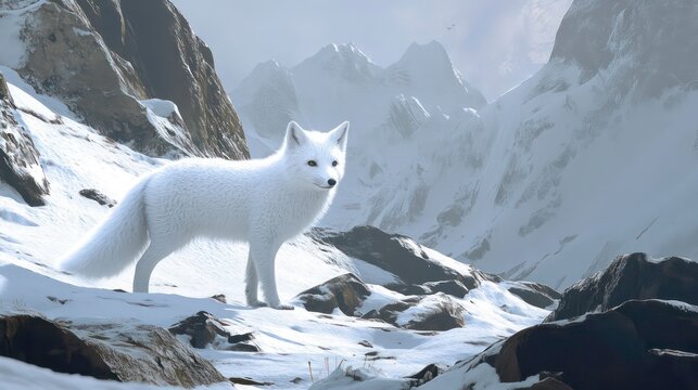 An Arctic fox stands alert in a snowy mountain landscape, its white fur blending seamlessly with the snow-covered ground. Perfect for wildlife documentaries, winter-themed projects, or to highlight
